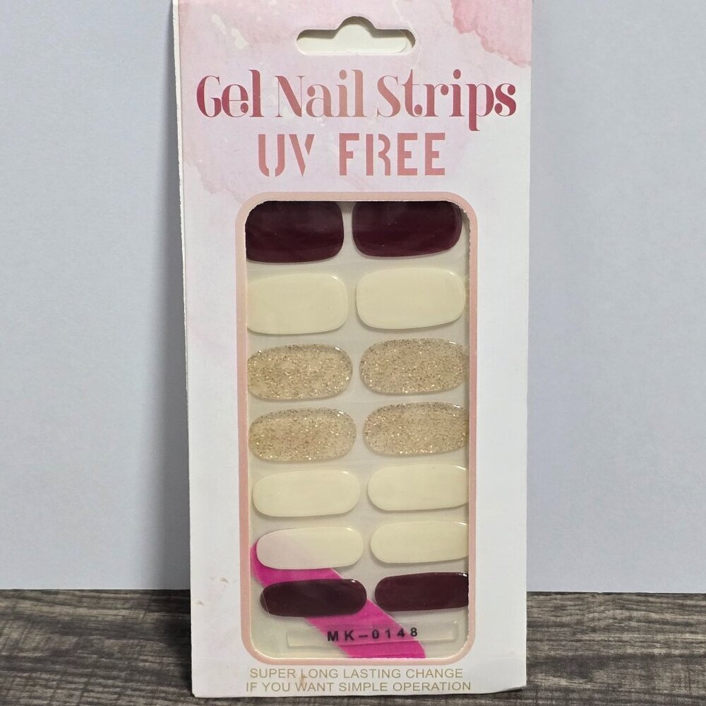 🖤 3/$12 Burgundy, White and Gold Glitter Nail Polish Strips No UV Brand New - Picture 2 of 3